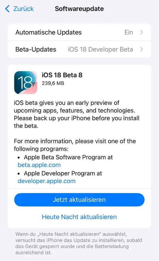 曲阳苹果手机维修分享苹果 iOS / iPadOS 18 开发者预览版 Beta 8 发布 